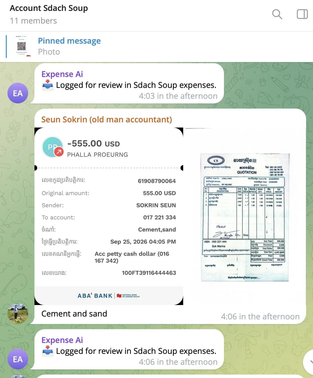 The accountant posts a receipt to the company Telegram group; the Expense AI bot logs it for review within seconds.